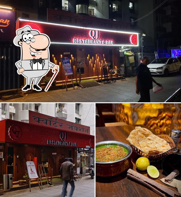 The picture of exterior and food at QJ Restaurant and Bar