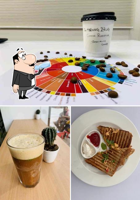 Among different things one can find drink and food at The Morning Drug Coffee Roasters