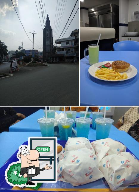 The restaurant's exterior and burger