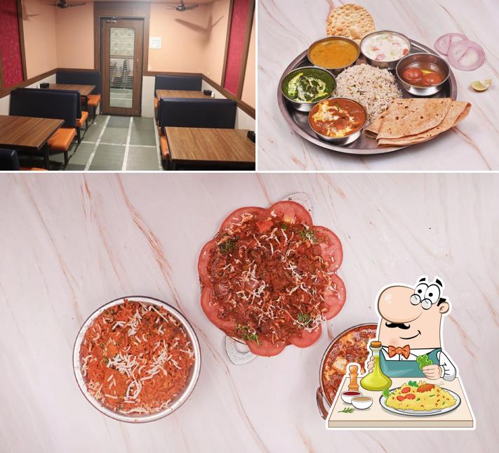 Check out the image displaying food and interior at Hotel Shree Durga