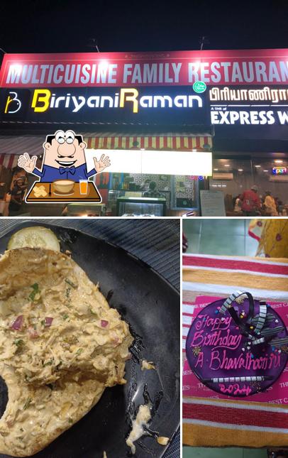 Take a look at the picture depicting food and exterior at BiriyaniRaman