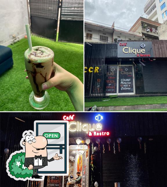 Take a look at the image displaying exterior and beverage at Cafe Clique & Restro