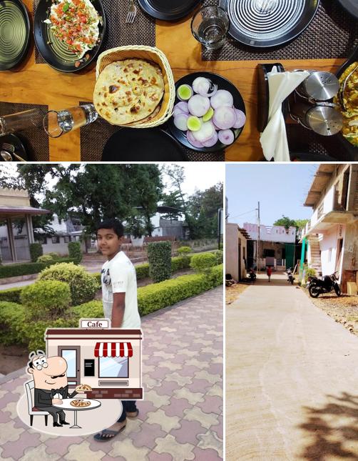 This is the image depicting exterior and food at Hotel Renu Best Hotel Multi Cuisine Restaurants Family Restaurant In Bodeli