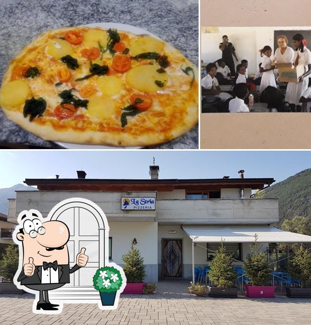 Dai un’occhiata alla immagine che mostra la esterno e pizza di Pizzeria La Stria