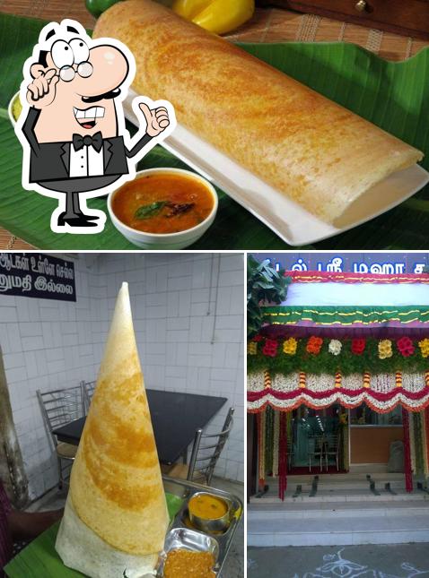 Check out the image displaying interior and food at Hotel Sri Maha Ganapathy