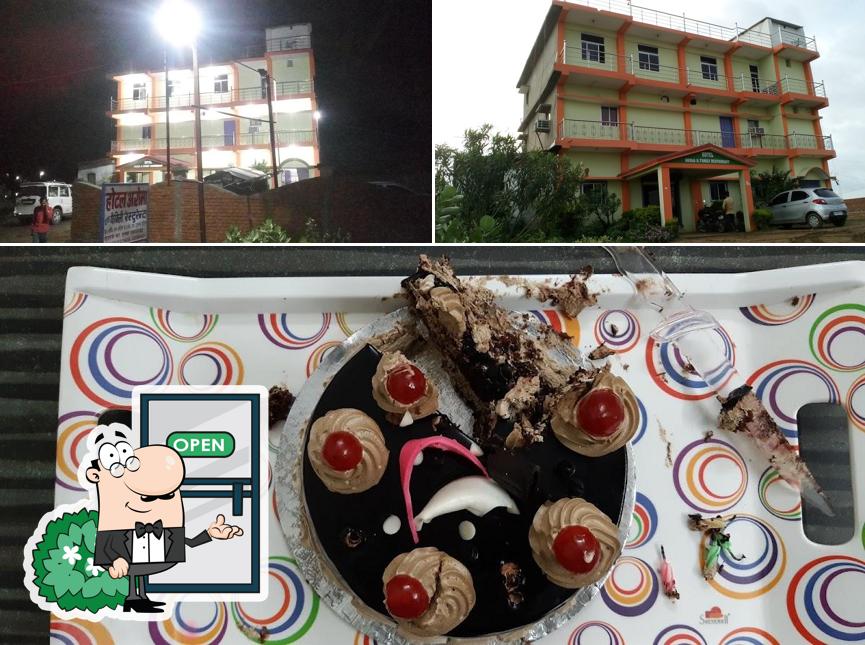 The restaurant's exterior and dessert