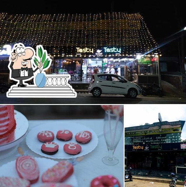 The restaurant's exterior and dessert