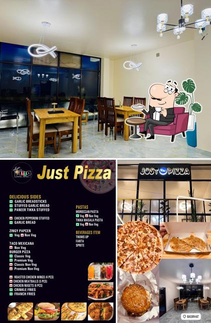 The image of Just pizza’s interior and food