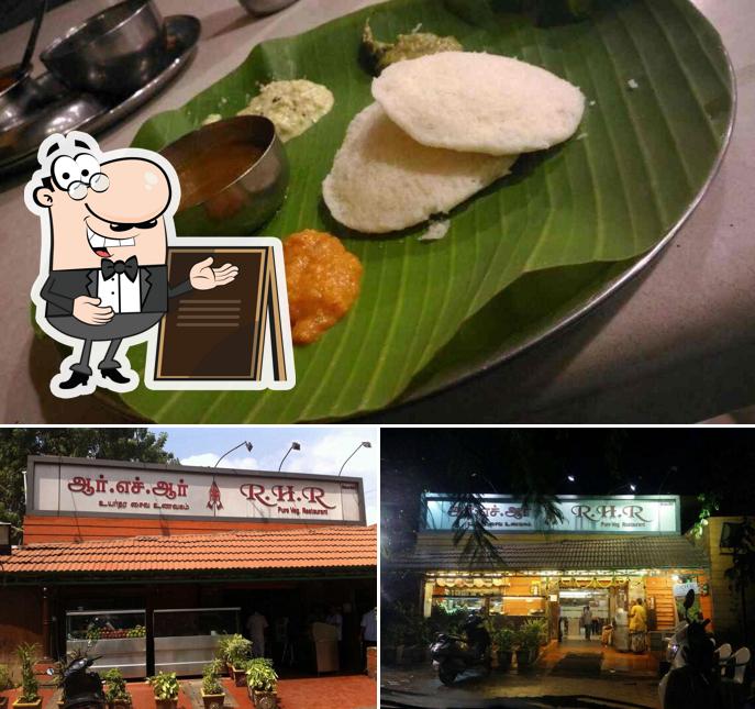 This is the picture showing exterior and food at Rhr Hotel