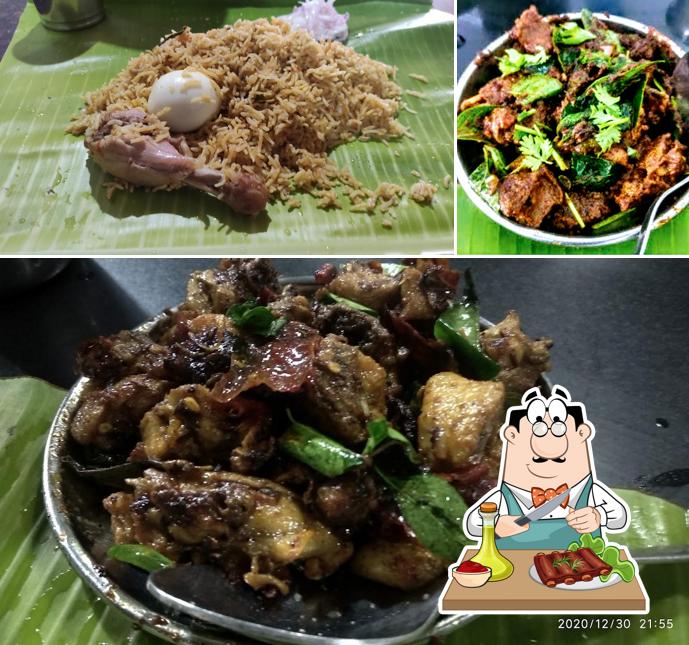 Meat dishes are served at Kongu Parotta Stall