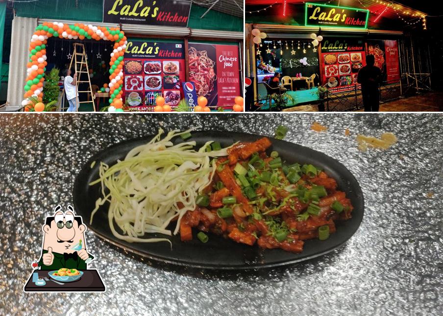 Take a look at the image showing food and exterior at LaLa's Kitchen