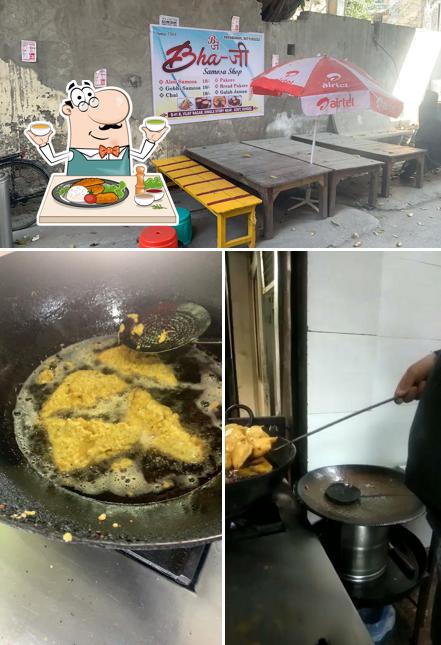 Among different things one can find food and beverage at Bha- जी Samosa shop