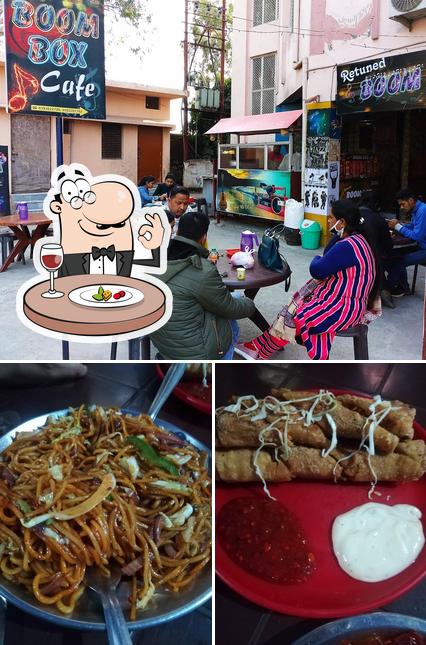 Take a look at the image displaying food and exterior at Retuned Boom Box Cafe