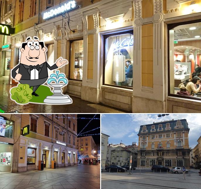 Guarda la foto che mostra la esterno e interni di McDonald's