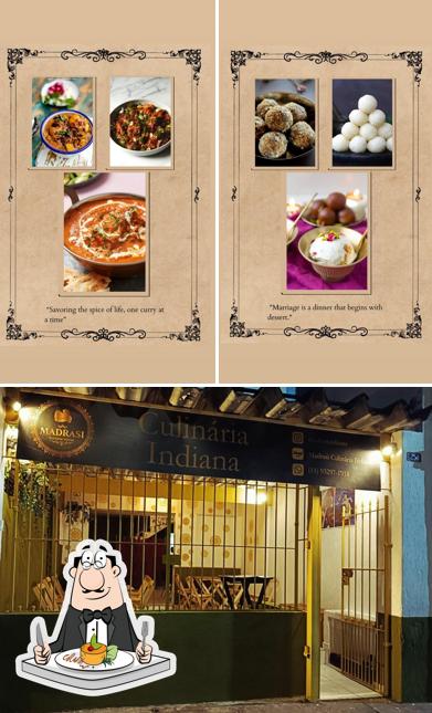 Entre diferentes coisas, comida e interior podem ser encontrados a Madrasi Culinária Indiana