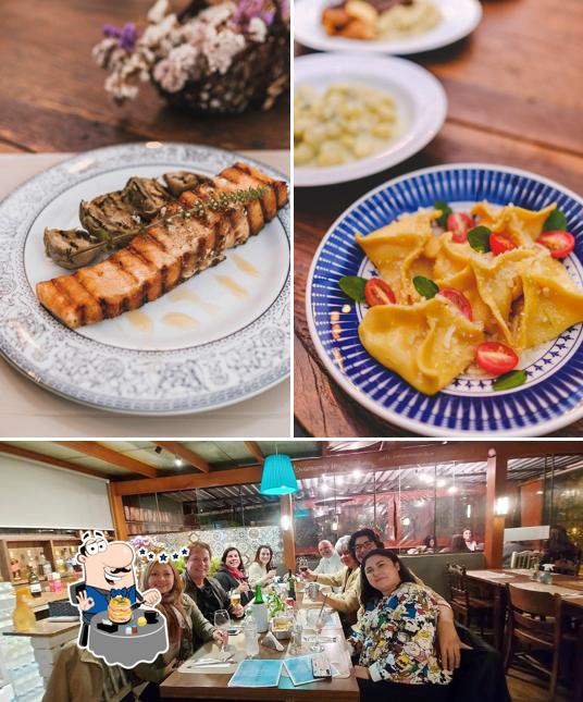 Dê uma olhada a ilustração ilustrando comida e interior no Benvenuto Restaurante