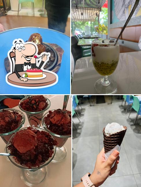 Flavors Ice Cream Parlor serves a number of sweet dishes