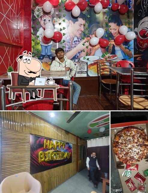 The restaurant's interior and pizza