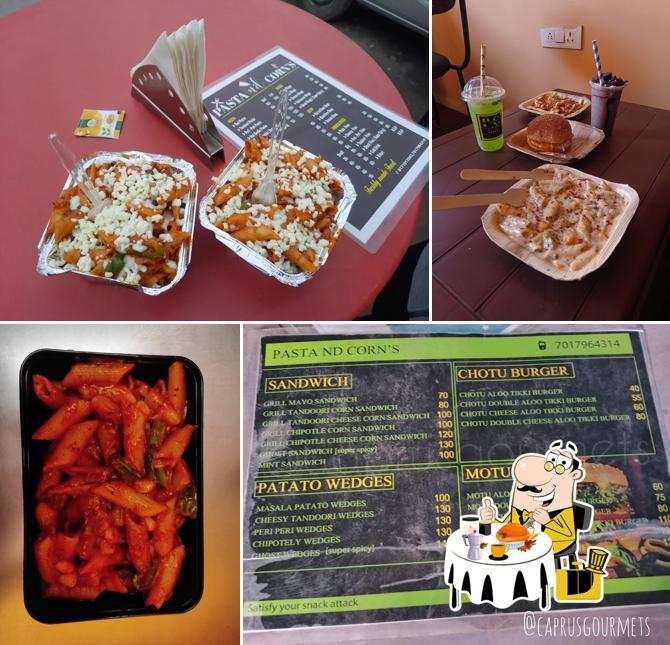 Meals at Pasta nd corn,s