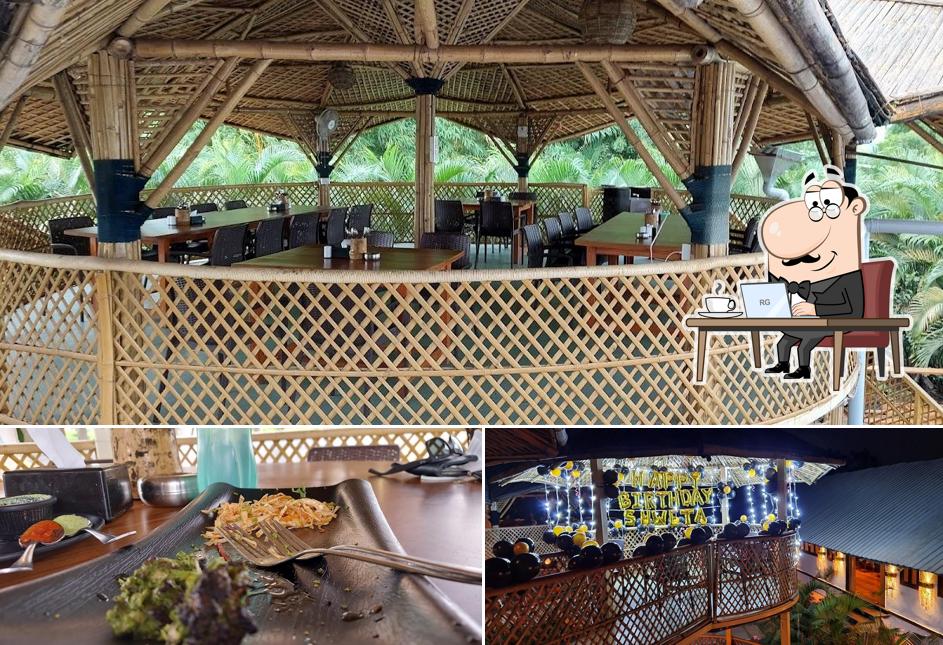 Take a look at the image depicting interior and food at Baracco Alfresco. Bar. Banquets Multi Cuisine Restaurant