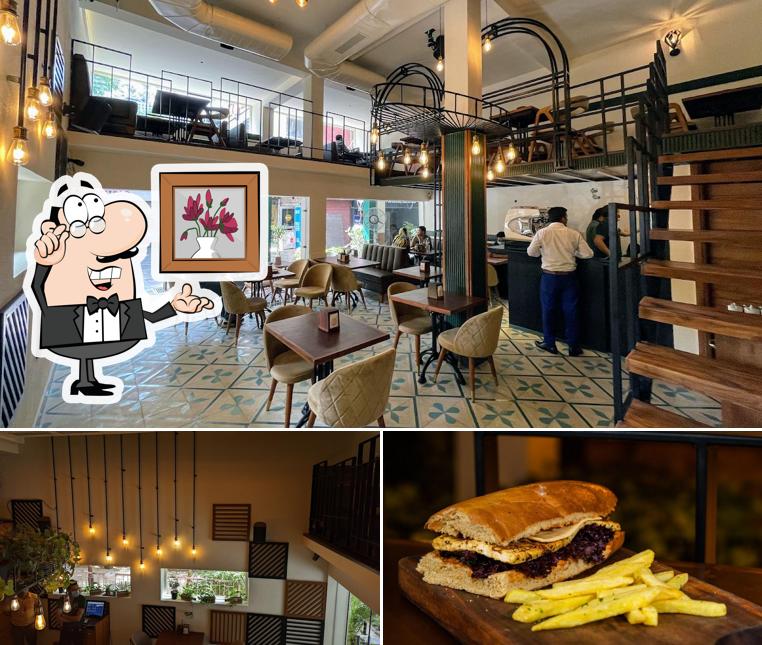 The restaurant's interior and burger