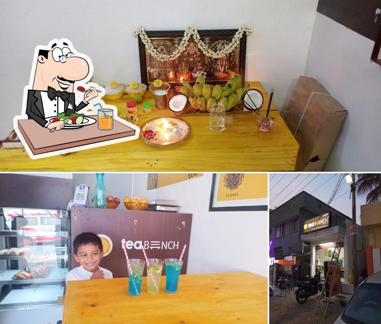 Among various things one can find food and exterior at Tea bench