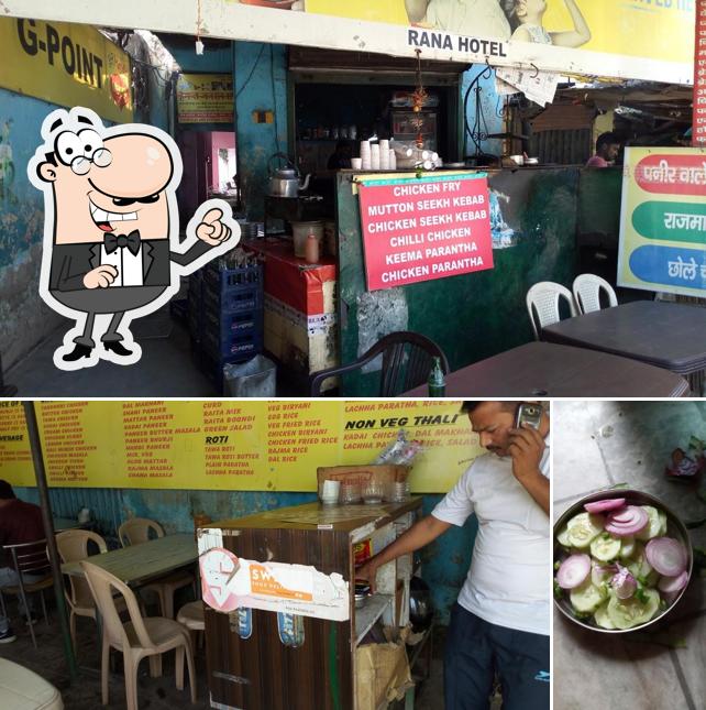 Check out the image depicting interior and food at Rana Hotel