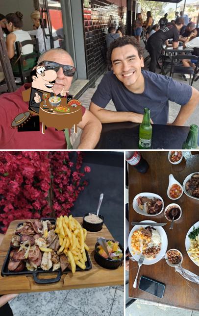 Dê uma olhada a ilustração mostrando comida e interior no Doce Brasa - Restaurante