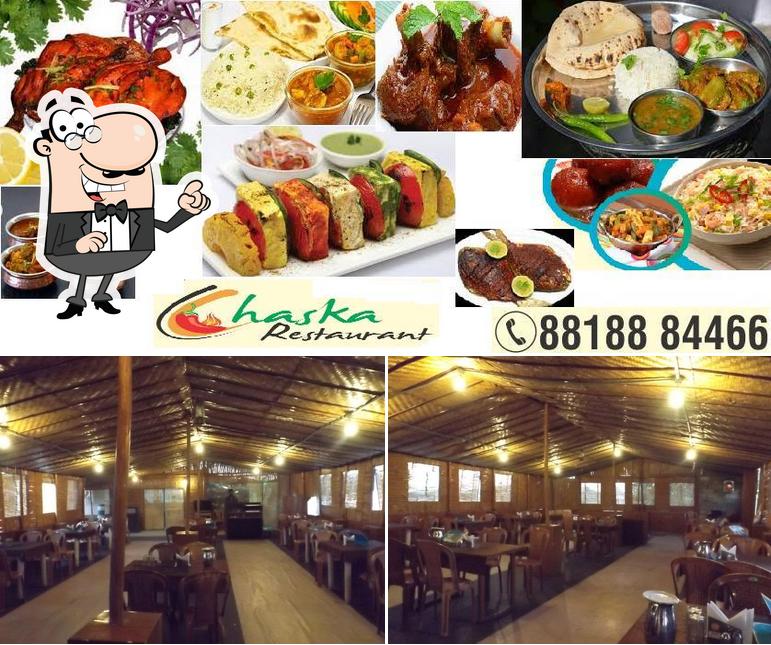 The picture of interior and food at Chaska Restaurant