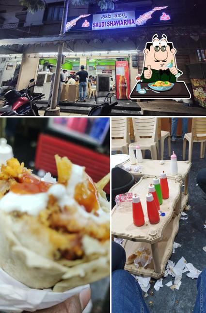 Among different things one can find food and exterior at Saudi Shawarma