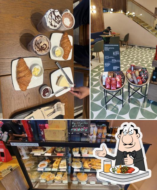 Take a look at the image showing food and interior at Starbucks