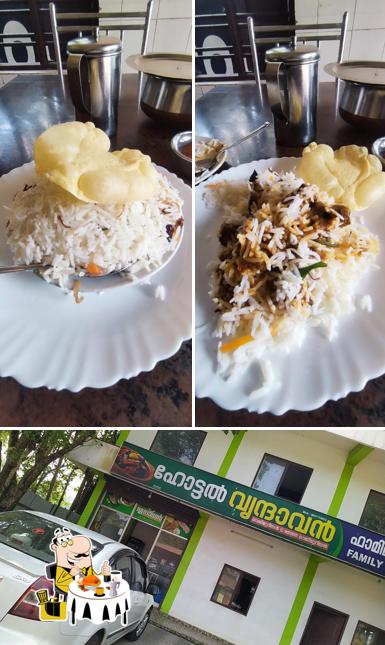 Check out the image depicting food and exterior at Vrindavan Hotel