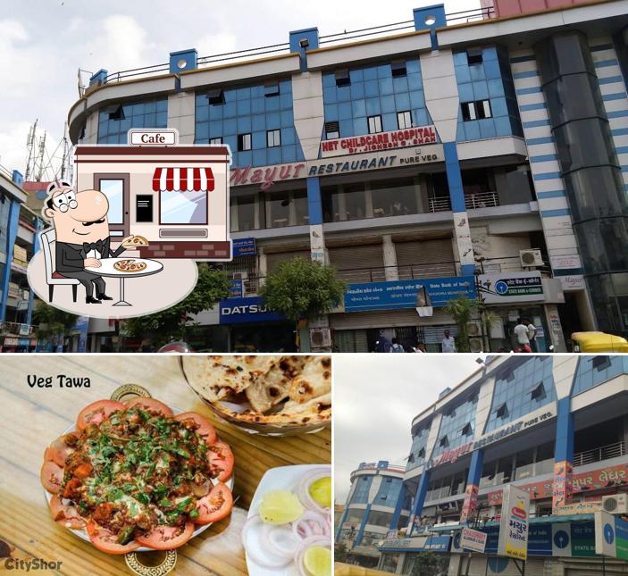 The picture of exterior and food at Mayur Restaurant