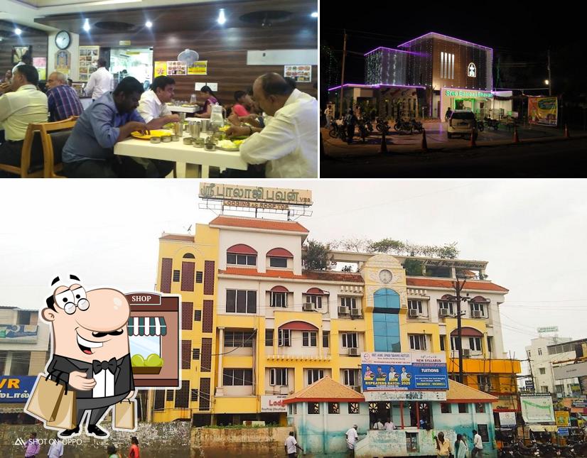 The image of exterior and dining table at Sree Baalaaji Bhavan