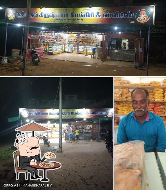 This is the image depicting exterior and food at ஸ்ரீதேவ் கிருஷ்ணா பேக்கரி