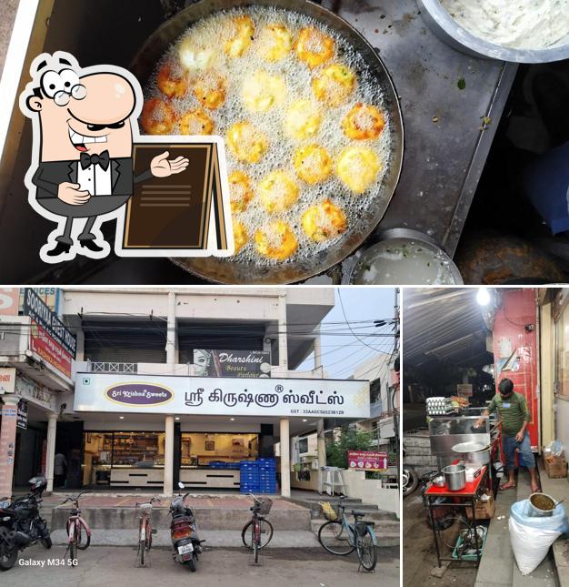 The image of exterior and food at Sri Krishna Bakery