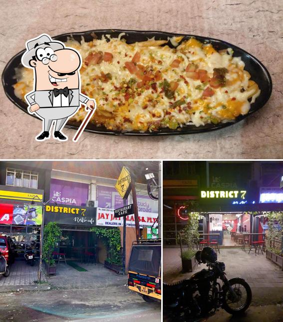 The image of exterior and food at District 7 - Restro Cafe
