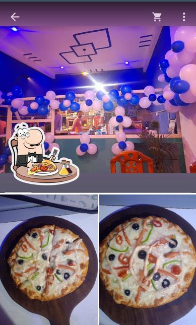 Order pizza at Blue theme cafe