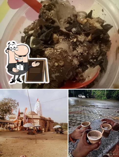 The restaurant's exterior and dessert