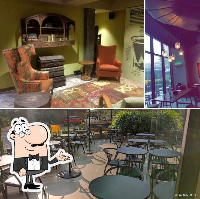 Take a seat at one of the tables at Starbucks