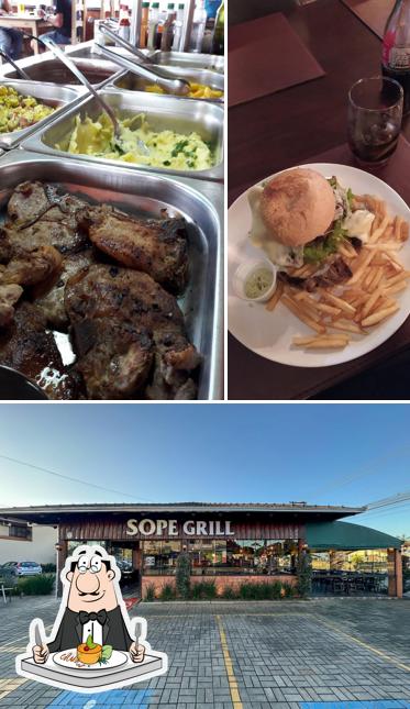 Entre diversos coisas, comida e exterior podem ser encontrados a Restaurante Sope Grill Restaurante de Buffet livre e Quilo Porções Lanches Petiscaria Restaurante em Pirabeiraba