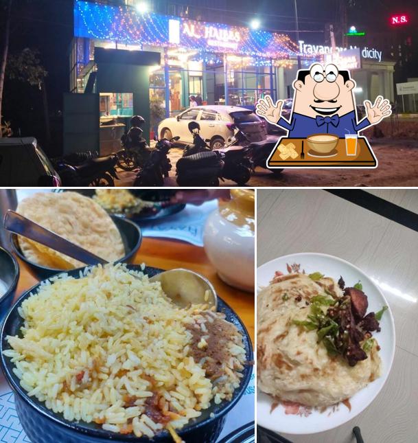 Check out the image showing food and exterior at Al halees restaurant