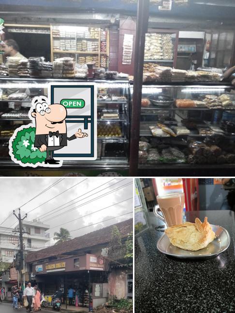 The photo of exterior and food at New Central Bakery