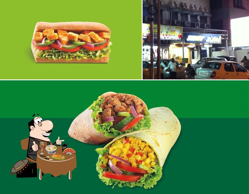 Take a look at the photo showing food and exterior at Subway