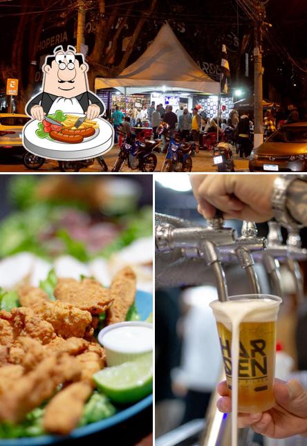 A ilustração da comida e exterior a Esquina dos amigos Bar e choperia