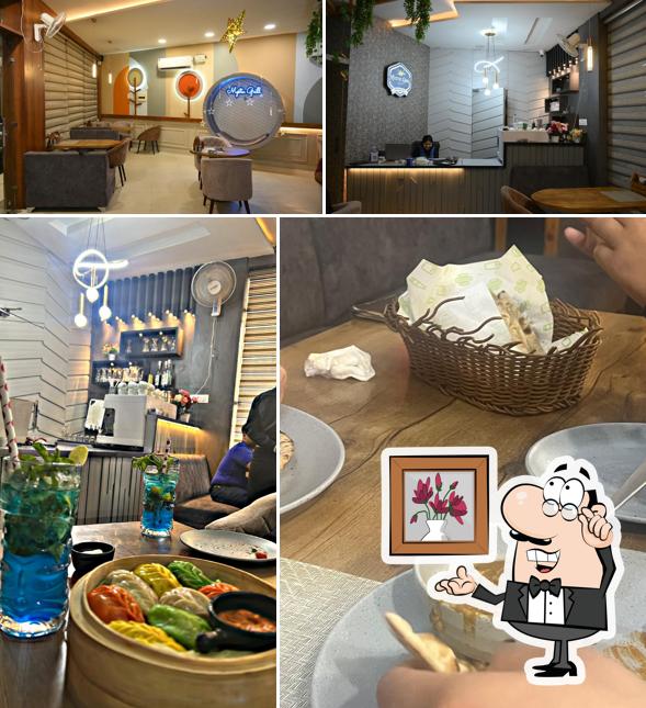 Among different things one can find interior and food at Mystic Grill
