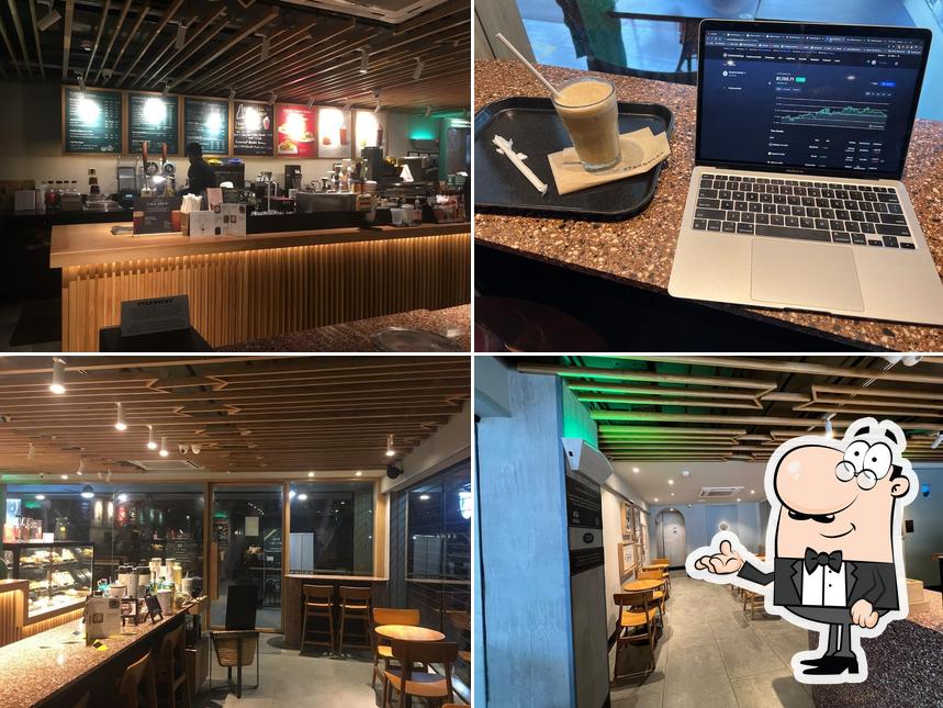 Take a seat at one of the tables at Starbucks