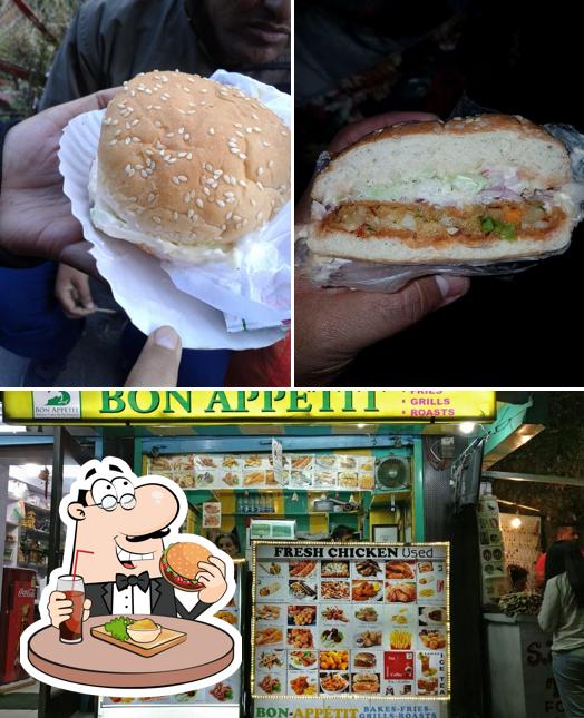 Get a burger at Bon Appetit Bakes Fries Grills Roasts Restaurant. WAFFLES, Crunchy POPCORNS, Freshly Brewed bean based Coffee, KULHAD PIZZA