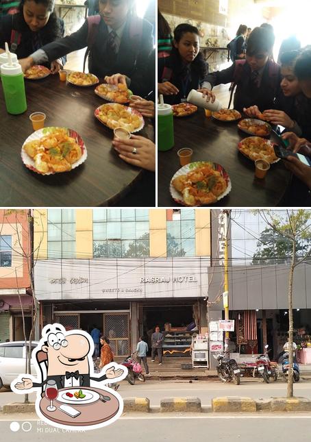 The restaurant's dining table and exterior