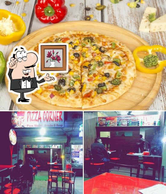The restaurant's interior and pizza